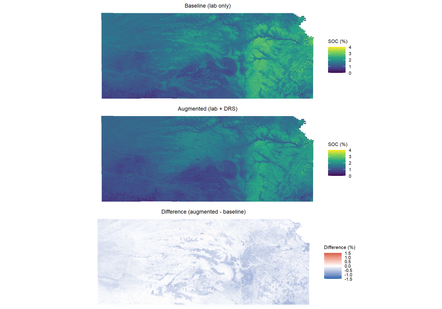 SOC predictions from the baseline model (top) and the DRS-augmented model (middle), and their difference (augmented minus baseline, bottom).