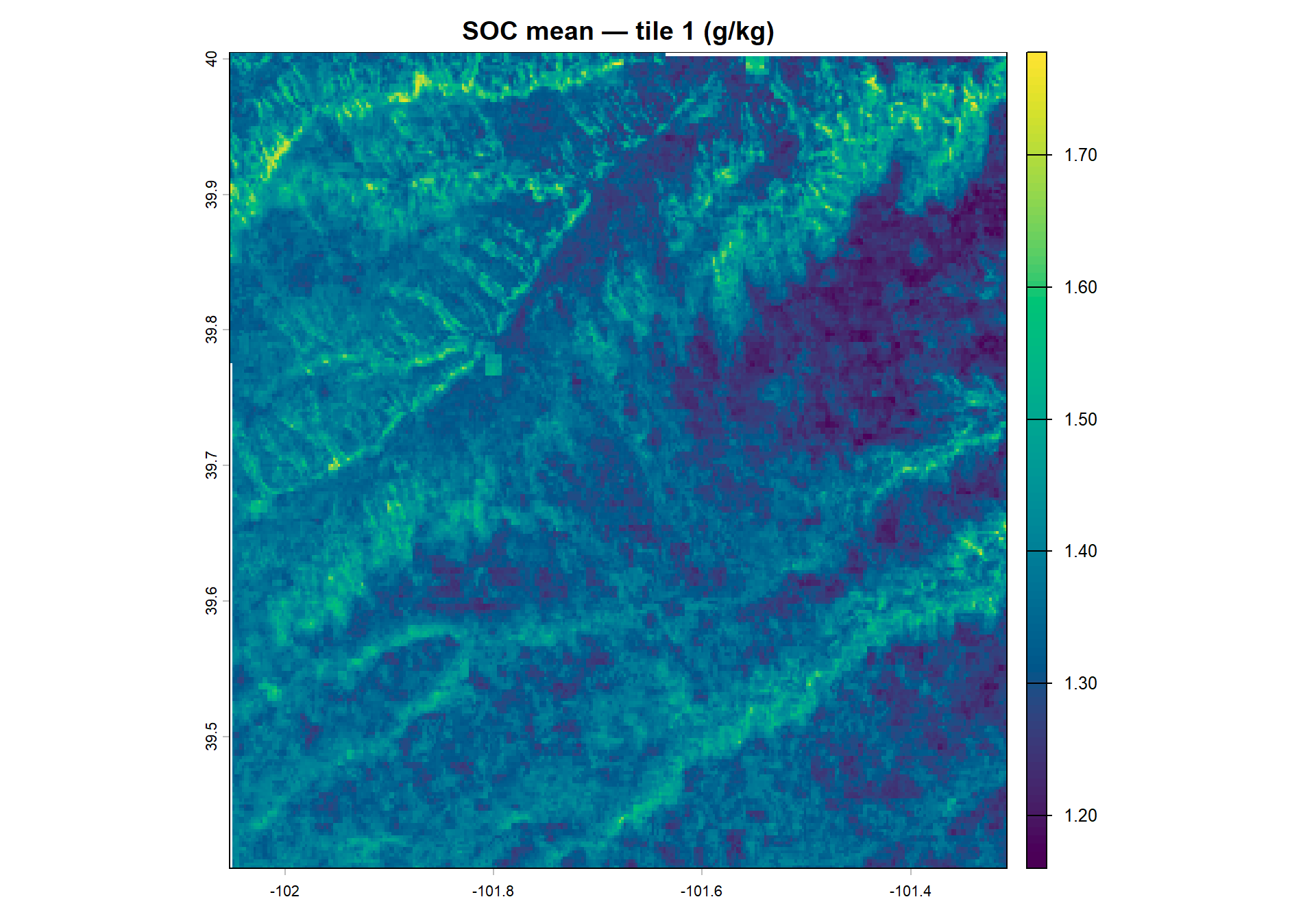 SOC mean prediction for tile 1 (g/kg).