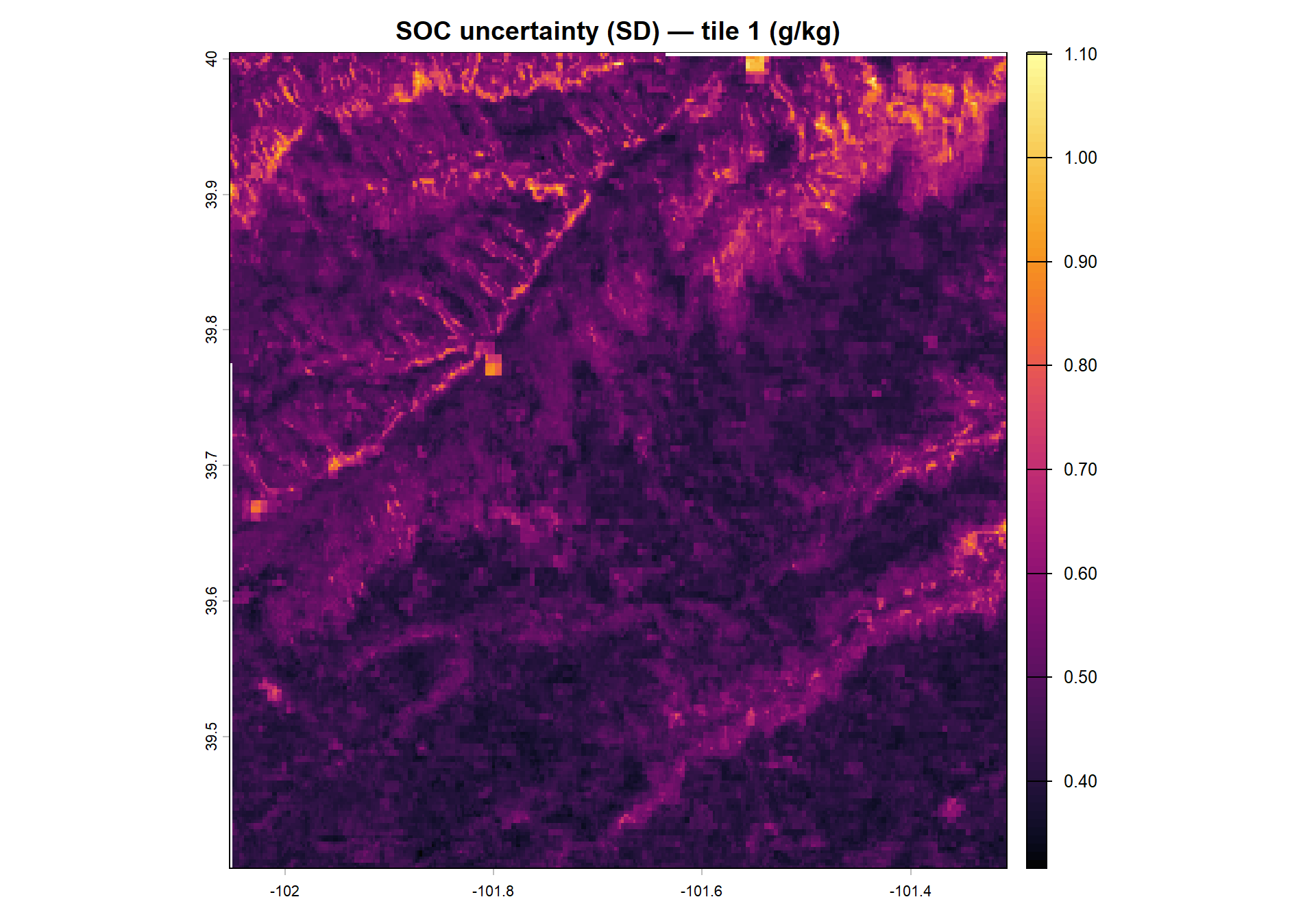 SOC prediction uncertainty (SD) for tile 1 (g/kg).