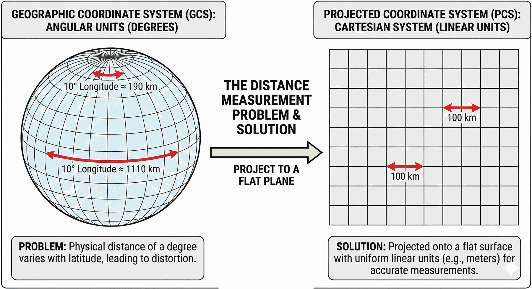 Distance distortion in GCS, where the physical distance of one degree varies by latitude