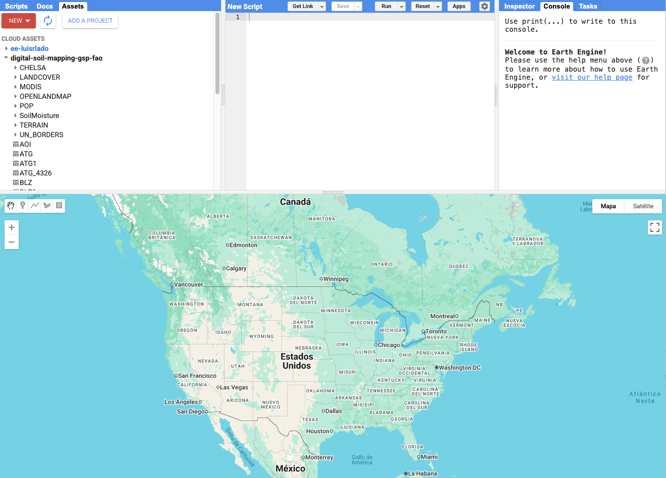 Layout of the Google Earth Engine Code Editor interface.
