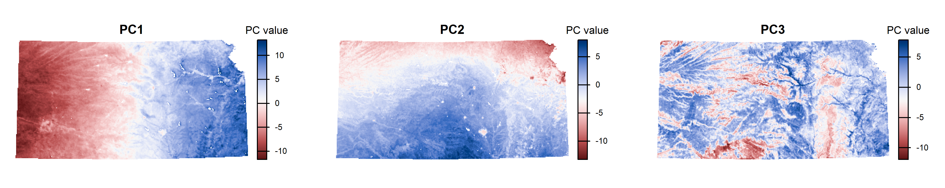 Spatial distribution of the first three principal components (PC1-PC3).