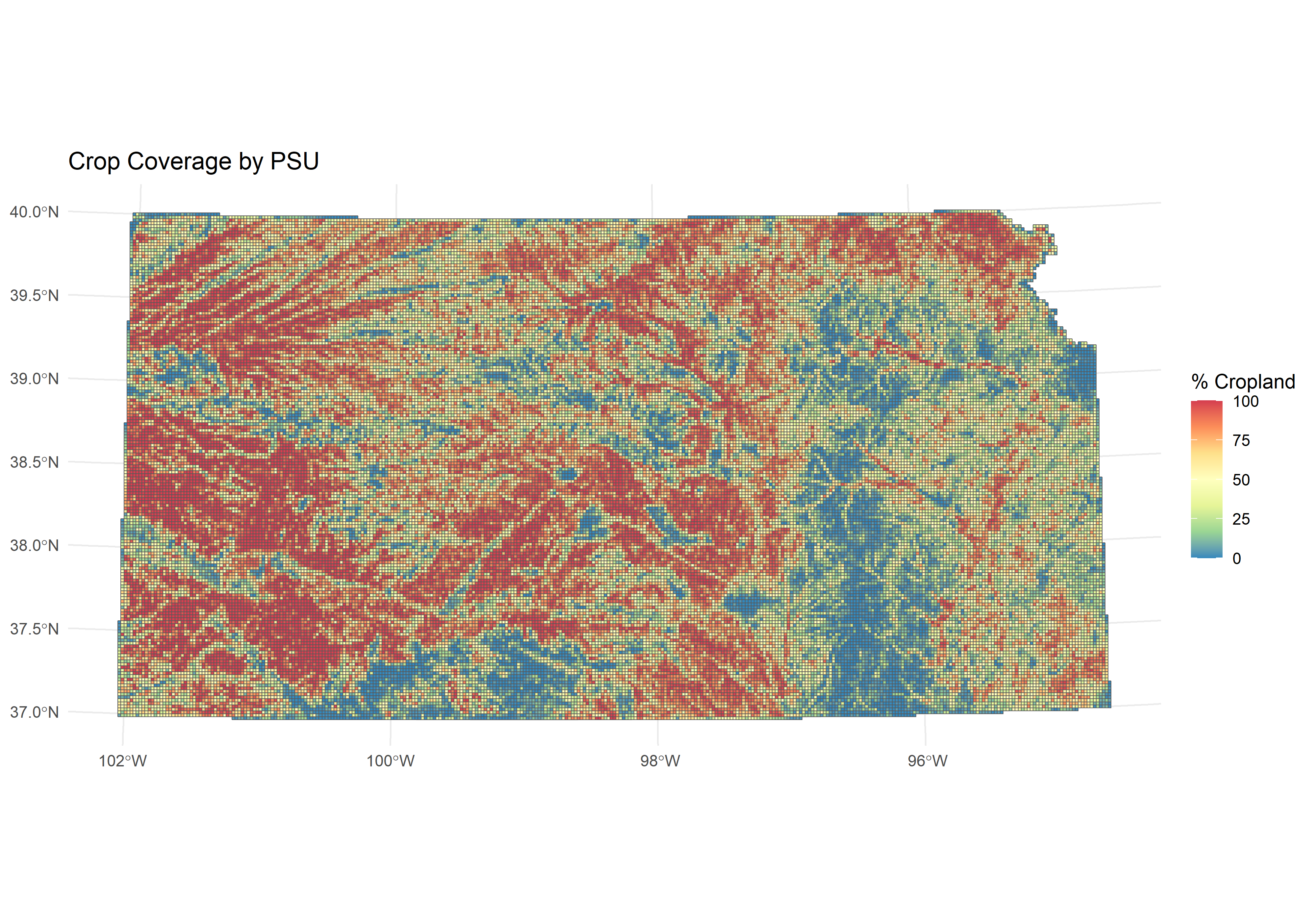 Percentage of cropland within each 2 x 2 km primary sampling unit (PSU), calculated from the 100 m cropland mask.