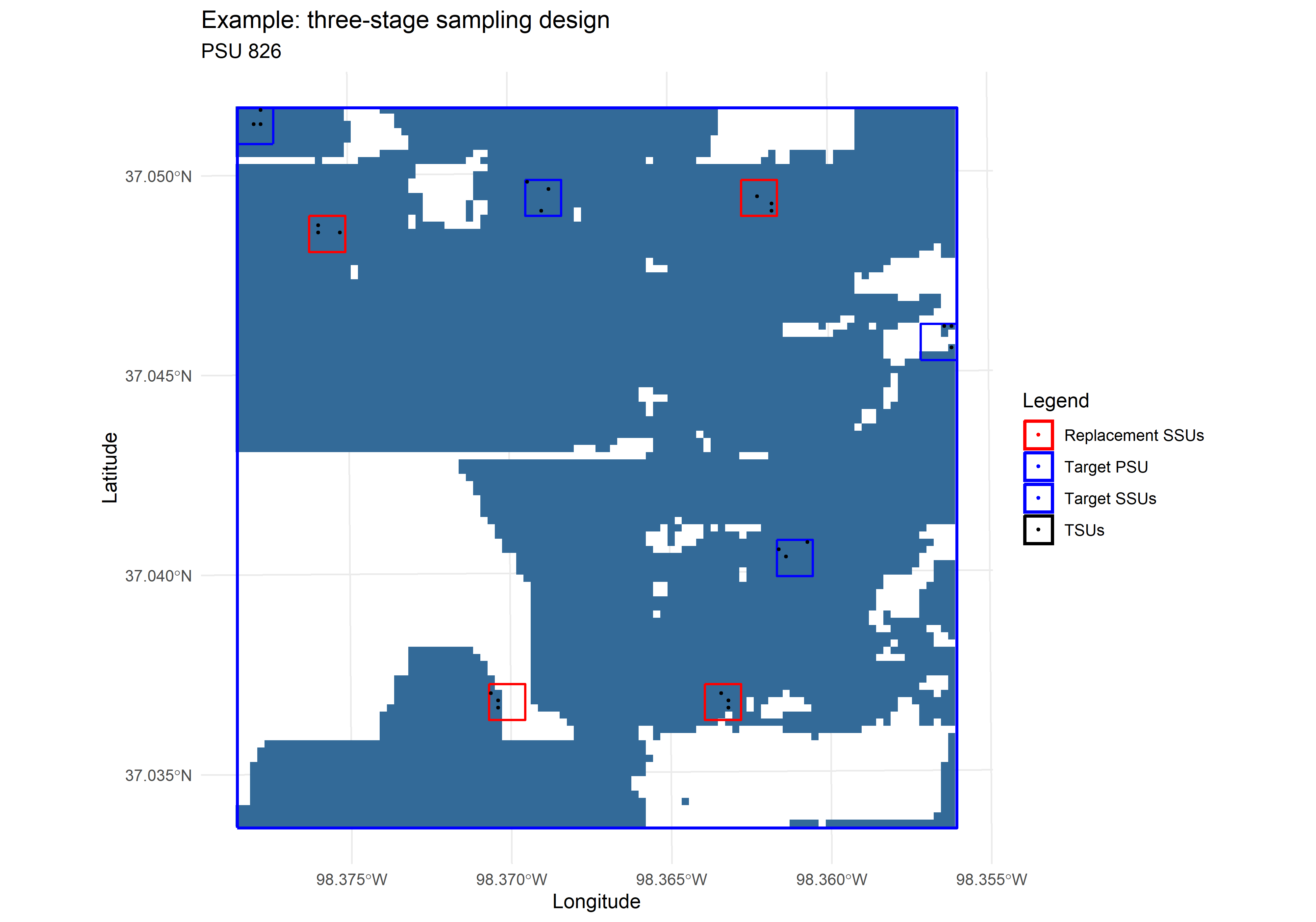 Illustration of the hierarchical three-stage sampling design showing the PSU boundary, selected SSUs (i.e., target and replacement), and TSU point locations within a representative PSU.