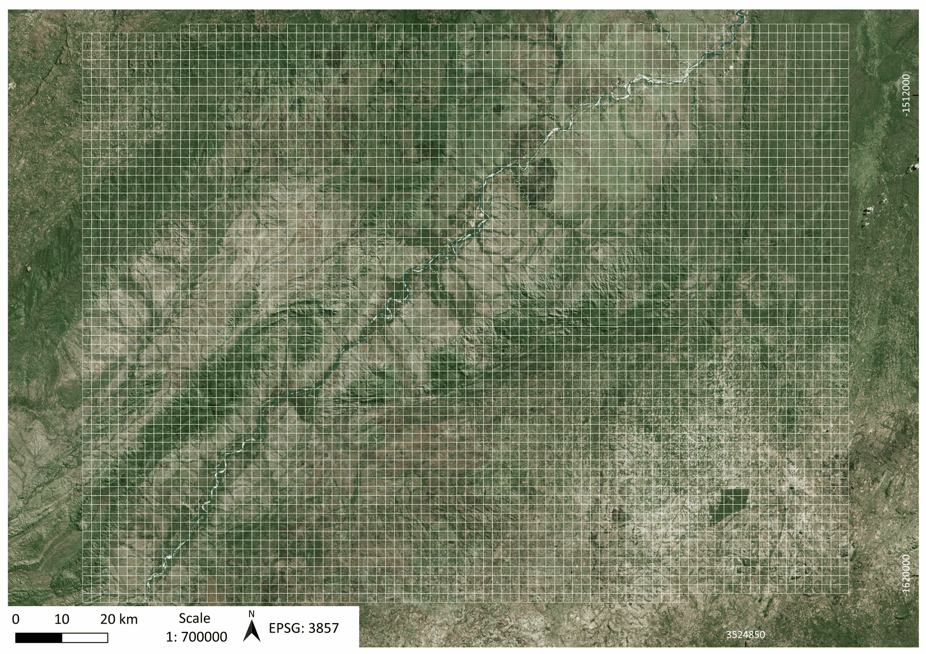 A 2×2 km grid is created across the region of interest.