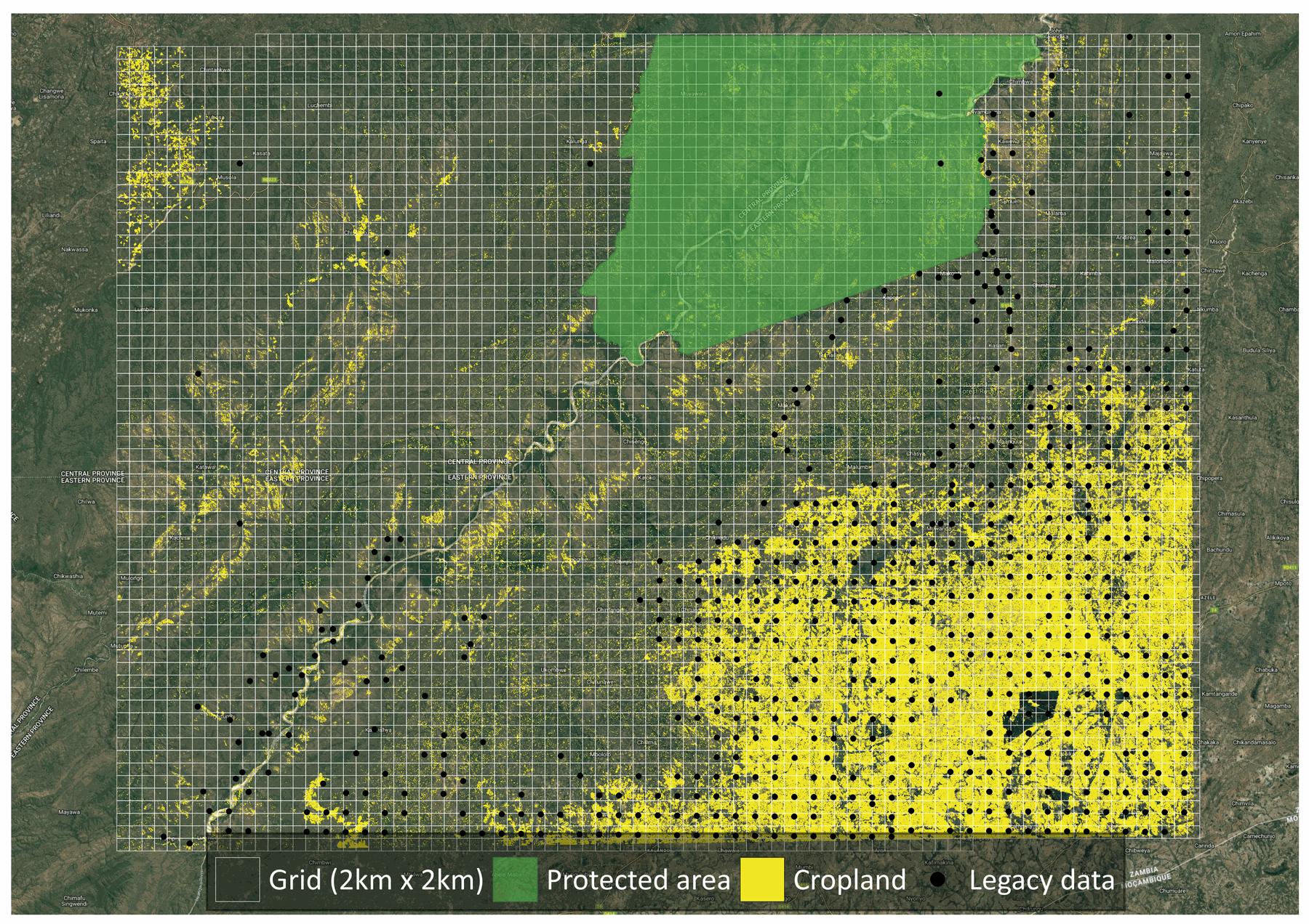 The grid is overlaid with legacy point data, crop layer data and protected area boundaries.