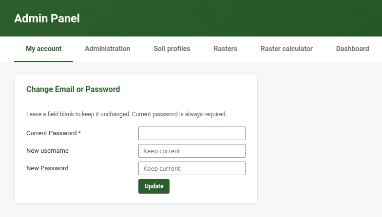 The My account tab, for changing your username and password.
