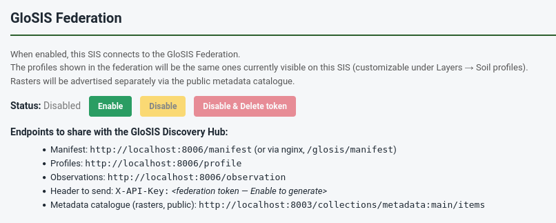 The Administration → GloSIS Federation panel, where federation access is enabled and the federation token is shown.