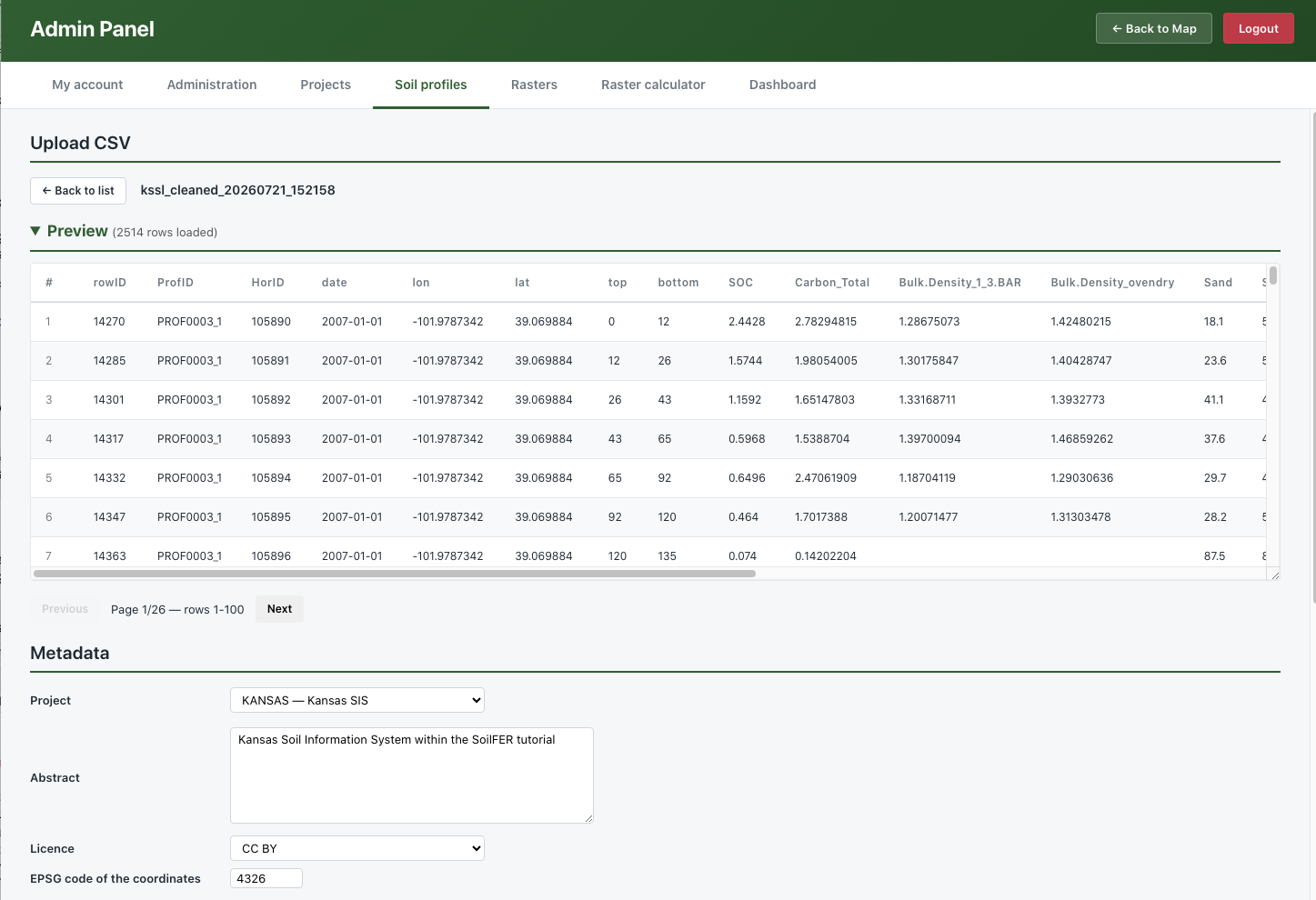 Steps 2 and 3: previewing the uploaded data and describing it with metadata.