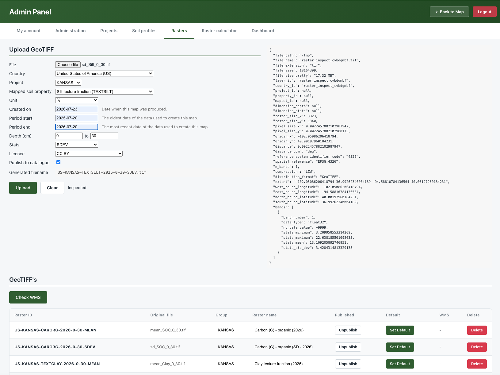 The Upload GeoTIFF form, where the raster map and its metadata are entered together.