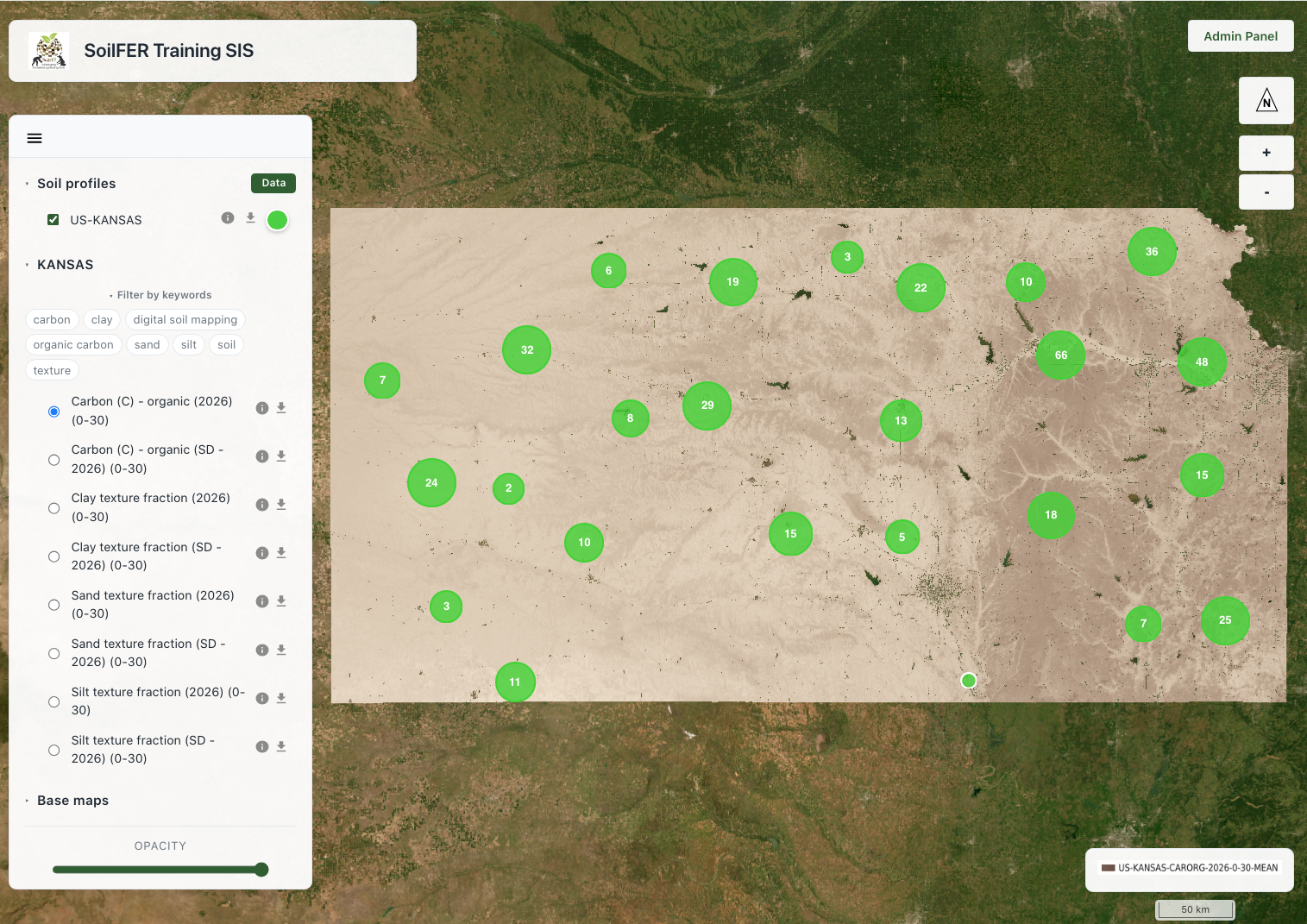 The SIS map viewer, showing soil profiles and a raster layer.